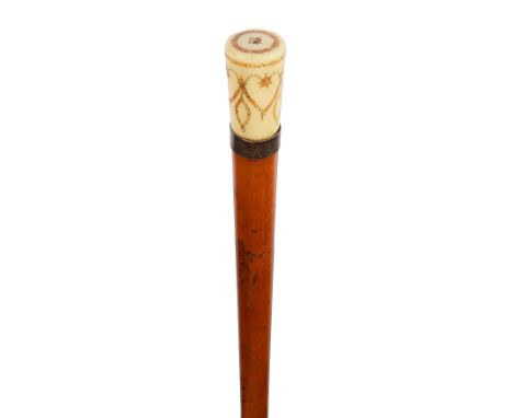 An early 19th century pique work inlaid ivory topped walking canethe tapering cylindrical knop with swagged pique decoration,