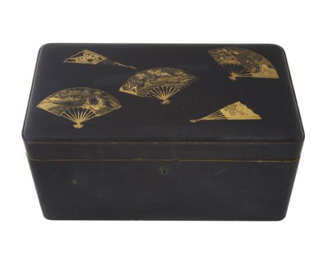 A Japanese Meiji Period black and gold lacquer tea caddyc.1900with five gold lacquer fans to its lid, fans depicting landscap
