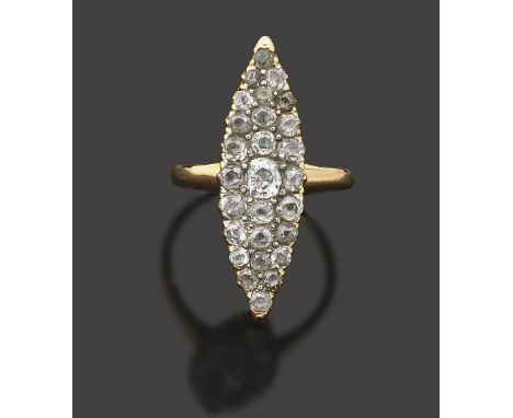 A Victorian diamond-set cluster ringof attenuated navette design, set throughout with old brilliant-cut diamonds, to the yell