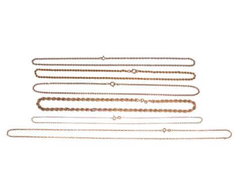 A collection of chains9ct gold twisted rope chain, stamped with hallmarks; 9ct gold fine flattened curb-link chain; 9ct gold 