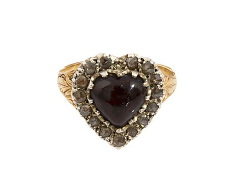 A mid 19th century  garnet and diamond-set ring,the heart-shaped garnet cabochon within a border of old rose-cut diamonds, cl