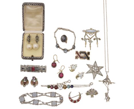 A collection of costume jewellery a multi-gem set bracelet, featuring garnet, zircon and other gemstones; a star sapphire bro