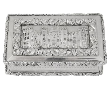 A William IV silver castle top snuff boxBirmingham, 1833, Francis Clarkrectangular, the hinged lid cast in relief with a view