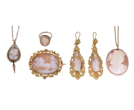 A collection of 19th century shell cameo jewellery a pair of shell cameo ear-pendants depicting cherubs holding harps, set wi
