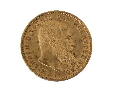 Germany. Wurtemburg, Wilhelm II gold 20 Mark, 1894 FStuttgart mint, bare head right rev crowned imperial eaglediameter 23mm.,
