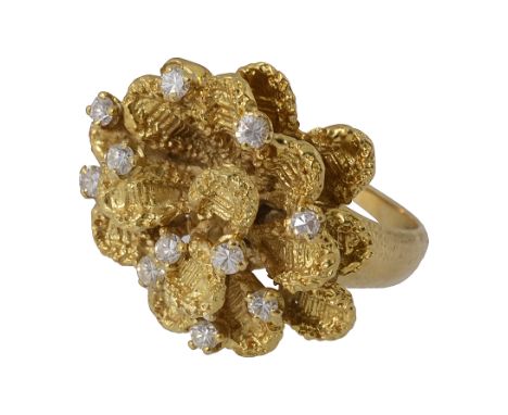 A mid 20th century 18ct yellow gold and diamond-set ring by Ben Rosenfeldthe textured tiered floral petals with brilliant-cut