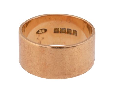 A 18ct gold wide bandstamped with hallmarks ring size T, total approx weight 11gCondition: 