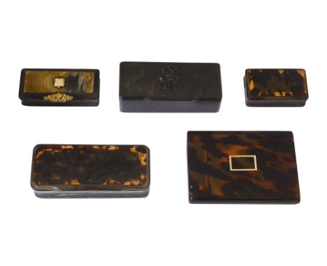 Four 19th century horn and tortoiseshell snuff boxes and a cigarette casecomprising a rectangular tortoiseshell snuff box, th