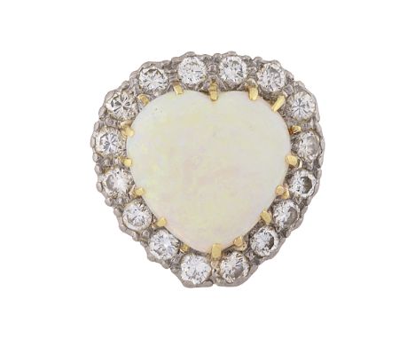 An opal and diamond heart cluster ringheart-shaped cabochon opal approx. 15 x 16 x 6mm, claw-set raised above surround of rou