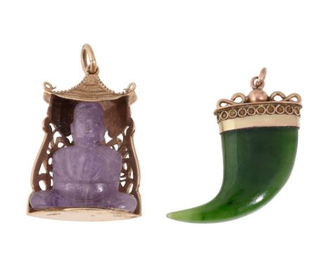 Two pendants the first; a seated purple quartz Buddha pendant, set in an 9ct gold open work border in the shape of a temple, 