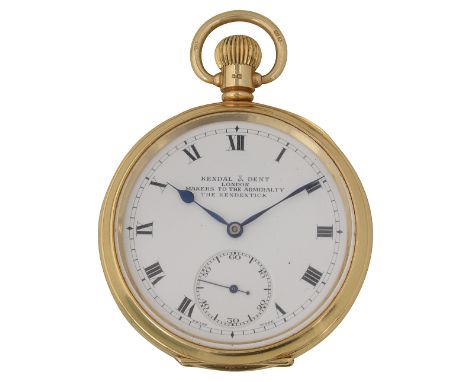 An 18ct gold open faced keyless pocket watchwhite enamel dial with black Roman numerals, minute track, subsidiary seconds dia
