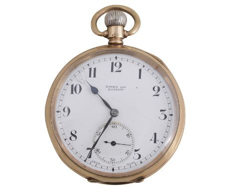 A George V open faced 9ct gold key less pocket watch the enamel dial with Arabic numerals, subsidiary dial, retailed by Hinds