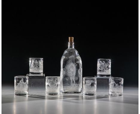 7- teiliges Trinkservice ''Adam und Eva'' Kristian Klepsch, 1977 Bestehend aus: Flasche und 6 Becher. Farbloses Glas mit Grav
