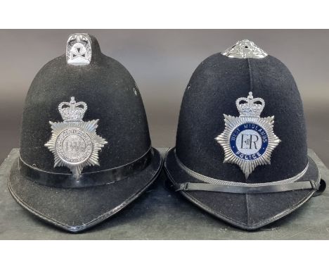Two Police Custodian helmets, one West Midlands, with rose top; the other Gloucestershire, with comb top. (2)
