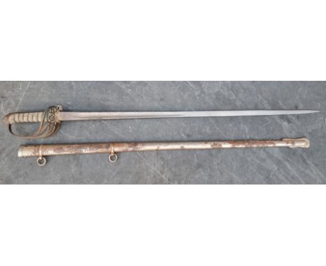 A Victorian 1854 pattern Infantry officer's sword and scabbard, with 81cm partly etched blade.