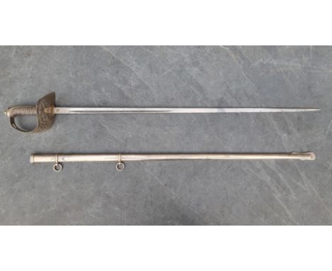 A Victorian 1895 pattern infantry officer's sword and scabbard, by E Thurkle, Soho, London, having 83cm etched blade.