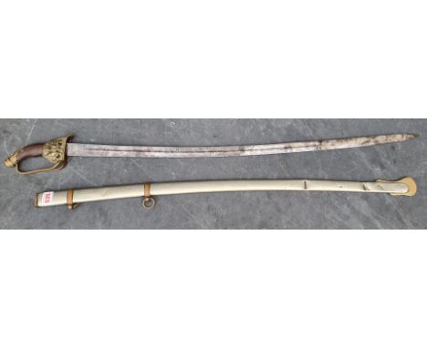 A Turkish Ottoman Empire sword and scabbard, having 84cm curved blade, with brass guard and wooden grip, overall length appro