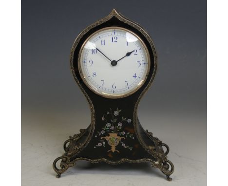 An Edwardian silver and tortoiseshell balloon Mantle Clock, hallmarked William Comyns, London 1907, the unsigned white enamel