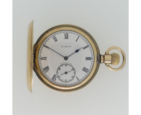 A gold plated hunter Pocket Watch, the white enamel dial signed 'Elgin' with Roman Numerals and subsidiary seconds dial, seve