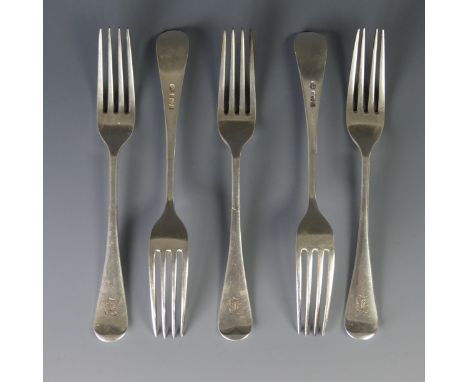 A set of five Edwardian silver Dessert Forks, by&nbsp;John Round &amp; Son Ltd., hallmarked Sheffield, 1908, Old English patt