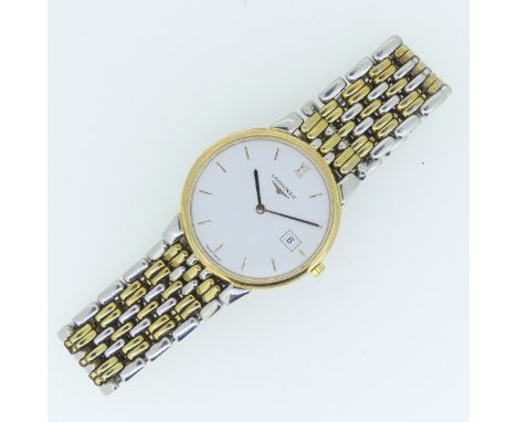 A Longines 'Les grandes classiques' gold plated stainless steel quartz Wristwatch, the white dial with applied baton markers 