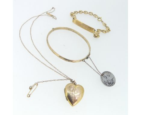 An 18ct yellow gold Identity Bracelet, with inscription, 10.2g, together with a rolled gold bangle and a rolled gold heart lo