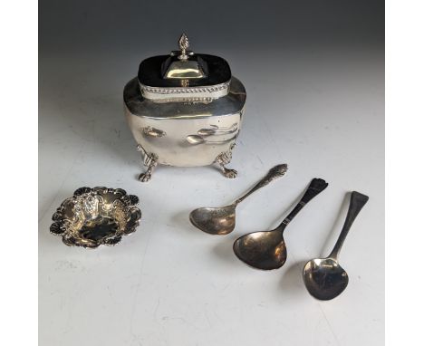 A late Victorian silver Tea Caddy, hallmarked Chester 1898, makers mark rubbed, of bombe form, the hinged cover with knop fin