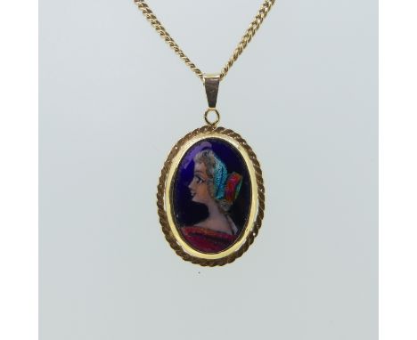 An 18ct gold mounted enamel Pendant, with rope border, 25mm long exc. suspension loop, on an 18ct gold curb link chain 50cm l