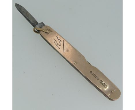 An Edwardian 9ct gold mounted Penknife, by&nbsp;Needham Brothers Ltd., hallmarked Sheffield, 1905, with twin blades, one dama