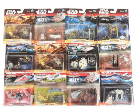 Star Wars - a collection of x12 c2015 Hasbro made MicroMachines miniature playsets. Includes: Endor Forest Battle, Clone Army