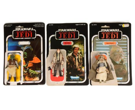 Star Wars - x3 original vintage Palitoy / Kenner made action figures with original card backs. Includes: Han Solo (In Trench 