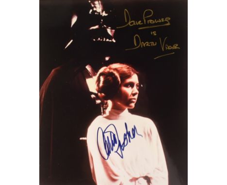 Star Wars - Carrie Fisher (d.2016 Princess Leia) and Dave Prowse (d.2020 Darth Vader) - dual autographed 8x10" colour promoti