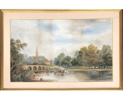 M. Flint, Horses and cart crossing a ford, early 20th century watercolour on paper, dated 1909, 48x78cm 