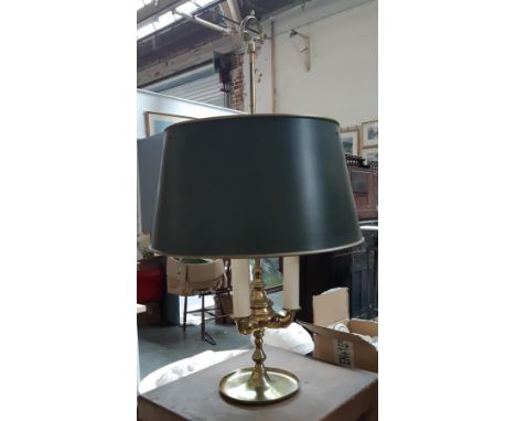 A brass and tole bouillotte lamp, three fittings and adjustable shade, 61cmH 