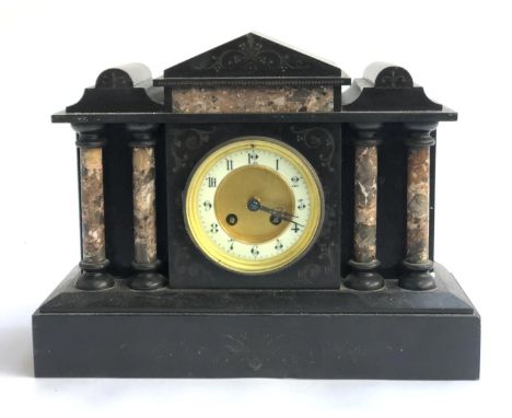 A slate mantel clock with with marble column detail, 37cmW 