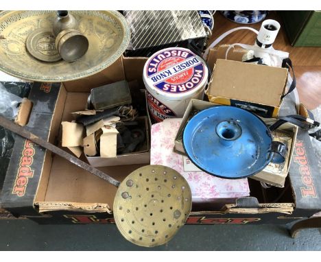 A mixed lot to include brass items; chestnut roaster; enamel candlestick; turned marble table lamp; Kodak Brownie 44A camera;