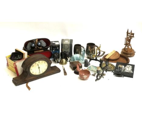 A mixed lot to include Swallow 16x50 binoculars; hardwood elephants; mantel clock; Jasperware; Royal Doultdon crystal vase; m