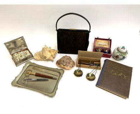 A cased set of weighing scales, together with 2 shells, EPNS tray, vintage ladies leather handbag, The Second Holiday Book by