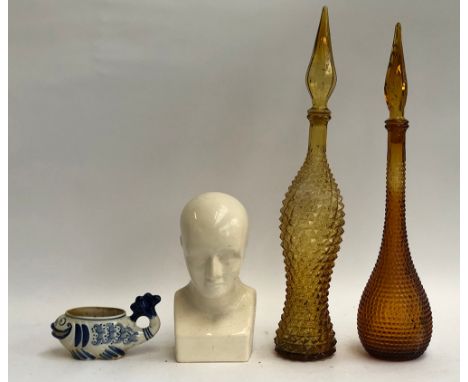 Two orange glass bottle vases, the tallest 57cmH; together with a ceramic bust, 26cmH; and a USSR Gzhel porcelain fish 