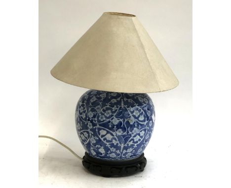 A Chinese blue and white ginger jar, converted as a table lamp, 46cm to top of shade 