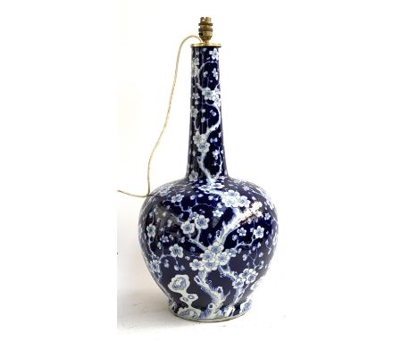 A very large Chinese blue and white bottle vase converted for electrical use as a table lamp (in need of repair), 70cmH to to