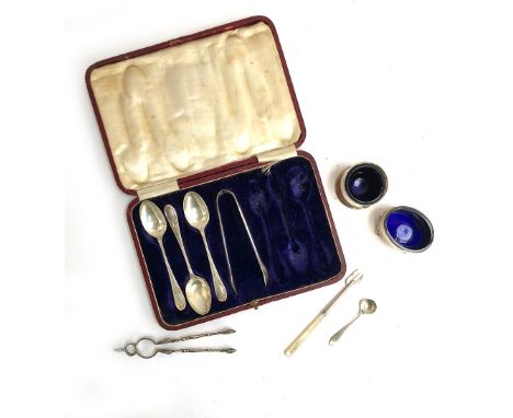 A mixed lot of silver, to include three teaspoons with matching sugar tongs, by James Dixon &amp; Sons; a pair of late Victor