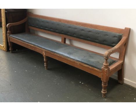 A long 19th century scumble painted hall bench, approx. 258cm long, the seat 45cm high, 50cm deep 