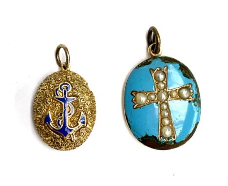 A yellow metal and enamel locket (af), with split pearl crucifix decoration, glazed back, 2.3cmL; together with a further yel