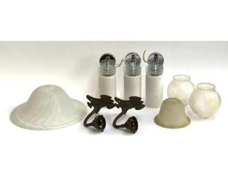 Three contemporary ceramic and glass wall lights, together with a pair of brass wall sconces and etched glass shades, and 2 o