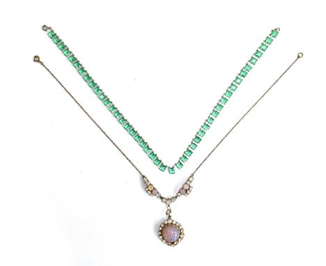 An Art Deco white metal and square cut green paste riviere,  37cmL unclasped; together with a paste and dragons breath glass 