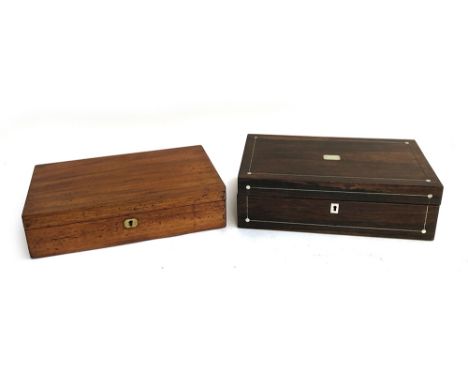 A 19th century rosewood and mother of pearl sewing box, lined interior 40cmW; together with a mahogany writing box with vacan