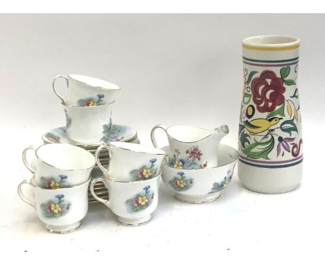 A Poole pottery vase, 23cmH; together with an Aynsley floral part tea service, approx. 20 pieces 