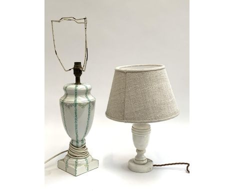 A painted baluster form ceramic table lamp; together with an alabaster turned table lamp (af), 37cmH to top of shade 