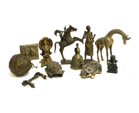 A quantity of brass and cast metal figures and items, to include a carved soapstone hippo trinket box and four headed deity; 
